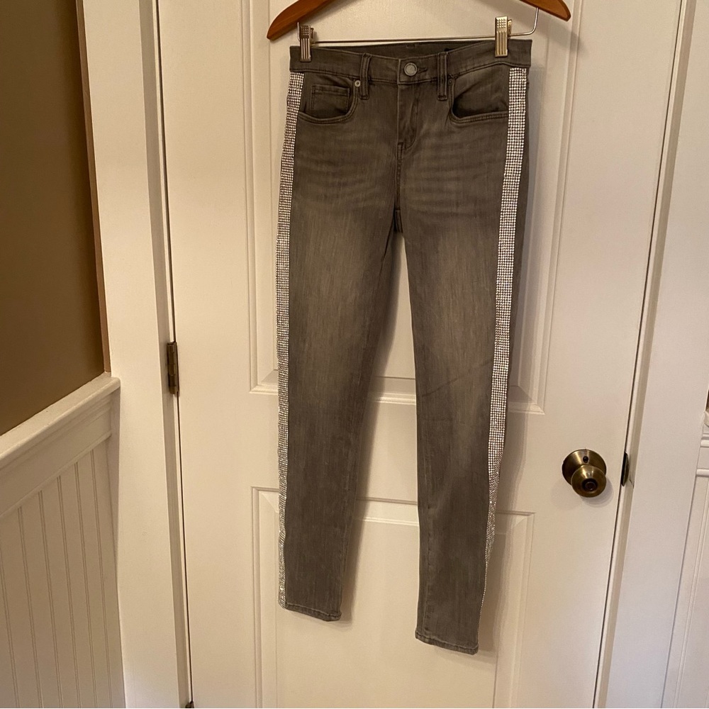 BLANK NYC JEANS GRAY DENIM THE READE CROP SILVER BLING TRIM WHISKERING SIZE 26